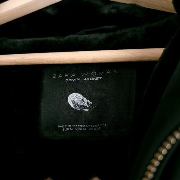 ZARA Fur Long Quilted Down Fill Puffer Jacket Parka Coat Emerald Medium Gorpcore - Picture 2 of 12